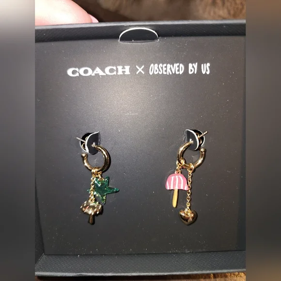 Coach X Observed By Us Gold Hoop Mushroom Heart Stsr Charm Earrings New In Box